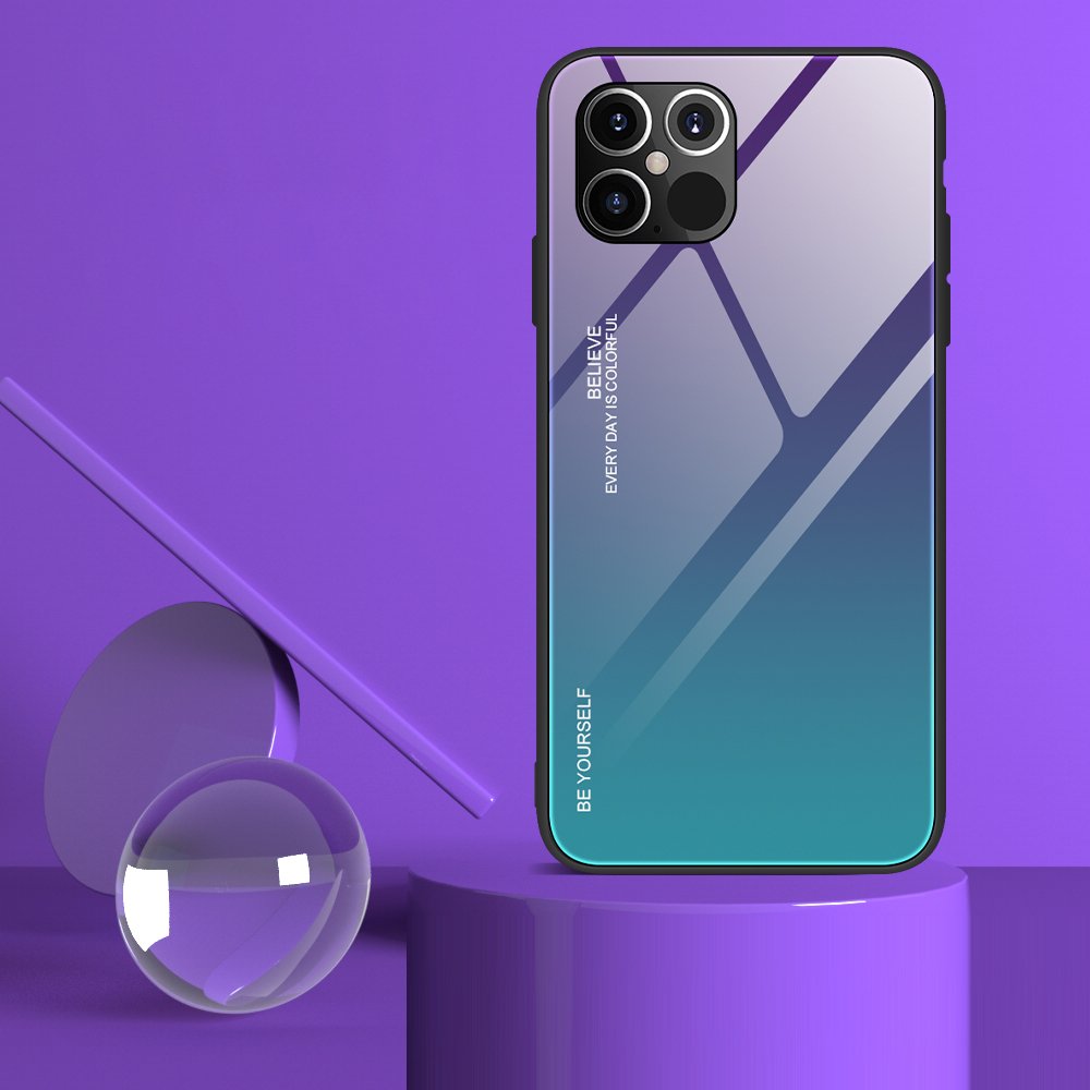 Tampa durável de vidro gradiente com parte traseira de vidro temperado iPhone 12 Pro Max verde-roxo