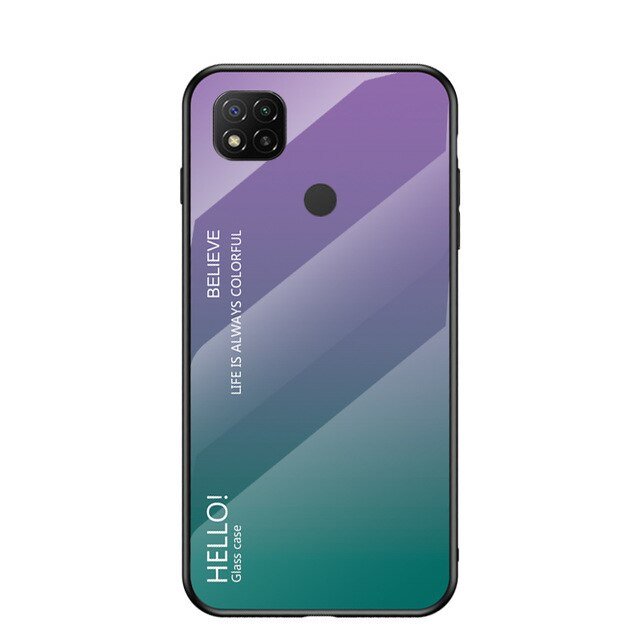 Tampa durável de vidro gradiente com fundo de vidro temperado Xiaomi Redmi 9C verde-roxo