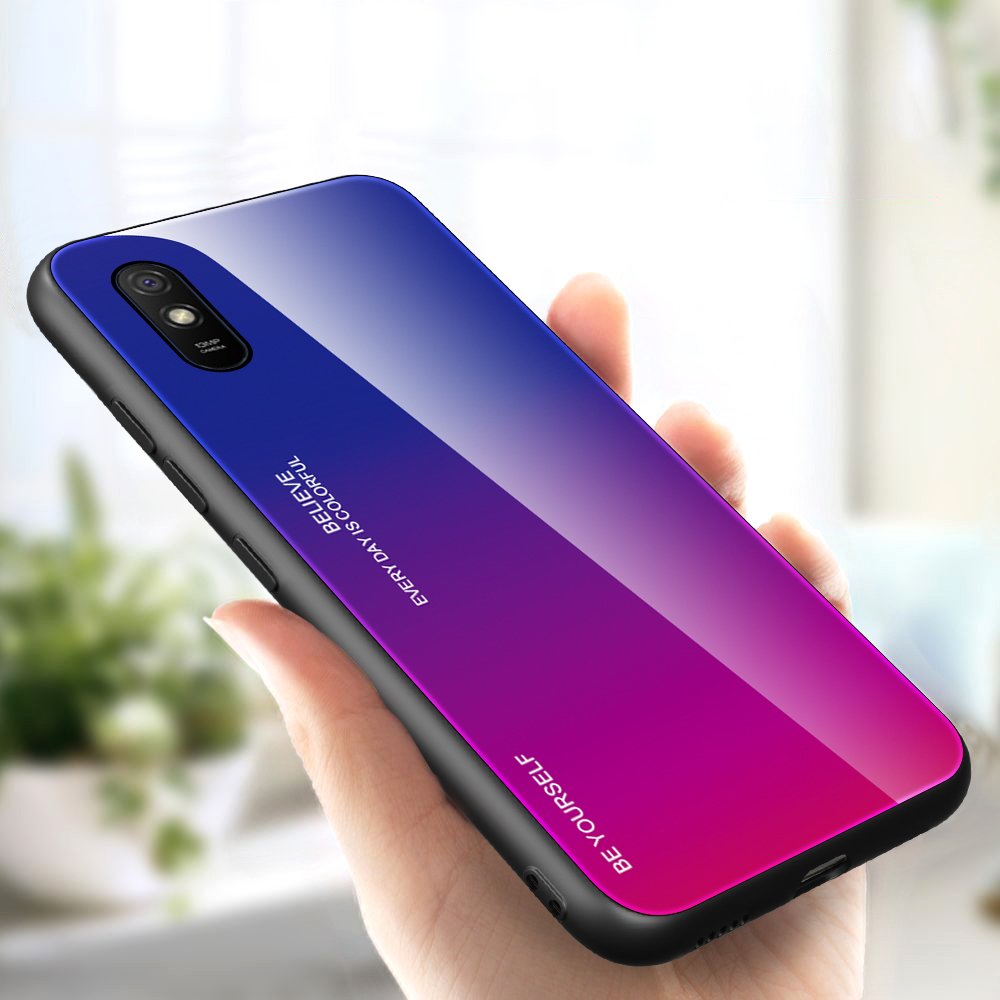 Tampa durável de vidro gradiente com parte traseira de vidro temperado Xiaomi Redmi 9A rosa-roxo