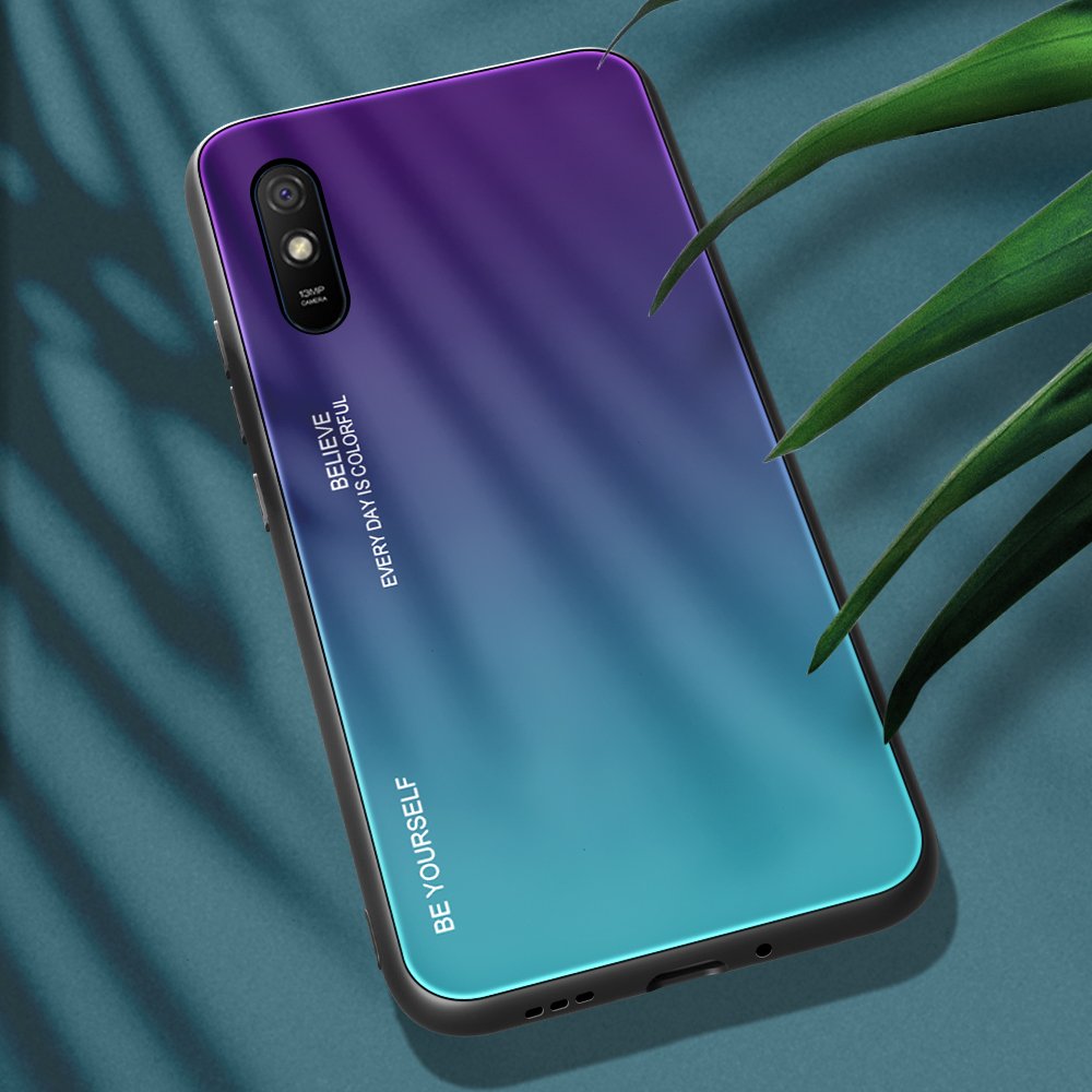 Tampa durável de vidro gradiente com parte traseira de vidro temperado Xiaomi Redmi 9A verde-roxo