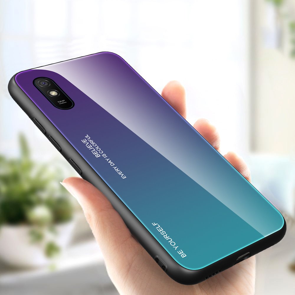 Tampa durável de vidro gradiente com parte traseira de vidro temperado Xiaomi Redmi 9A verde-roxo