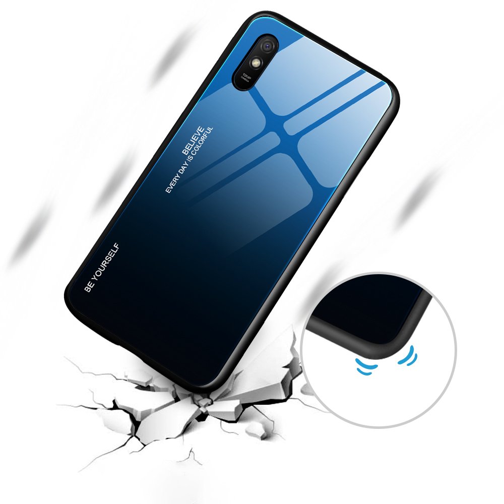 Tampa durável de vidro gradiente com parte traseira de vidro temperado Xiaomi Redmi 9A preto-azul