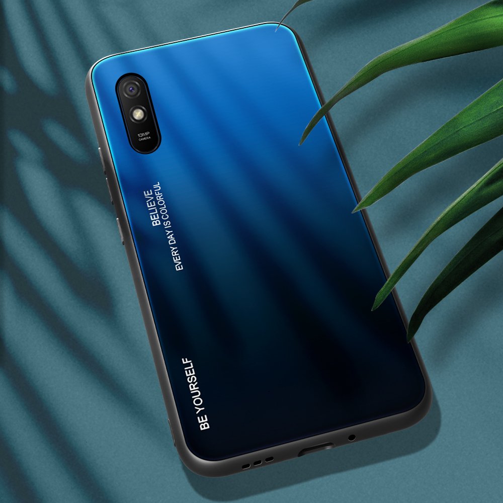 Tampa durável de vidro gradiente com parte traseira de vidro temperado Xiaomi Redmi 9A preto-azul