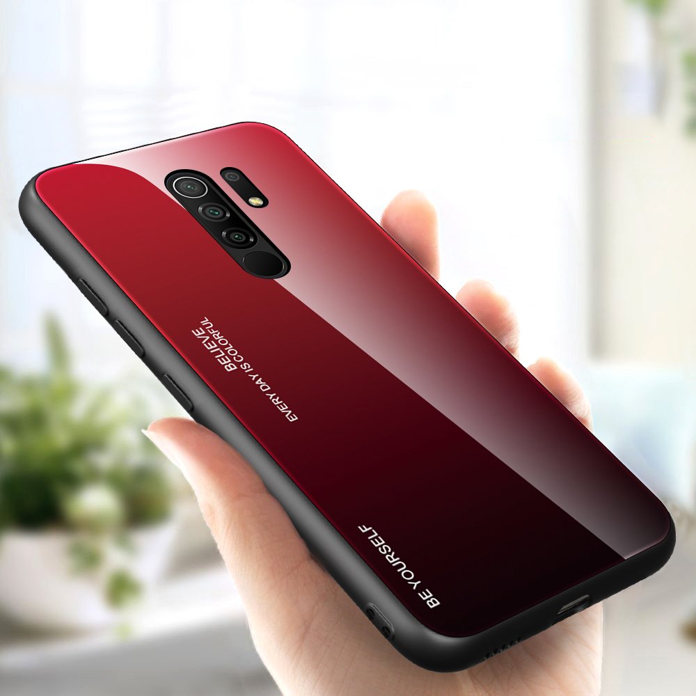 Tampa durável de vidro gradiente com parte traseira de vidro temperado Xiaomi Redmi 9 preto-vermelho