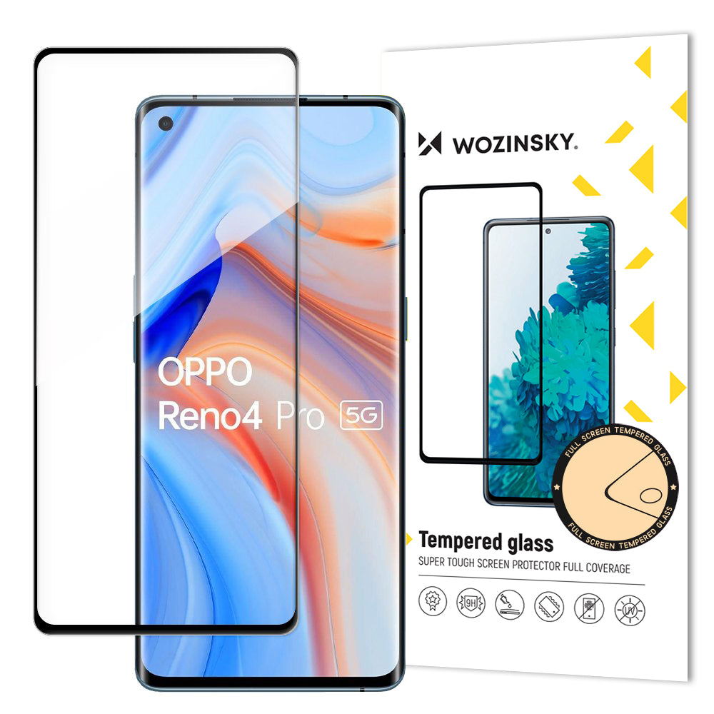 Wozinsky vidro temperado cola total protetor de tela super resistente totalmente coberto com moldura amigável para Oppo Reno 4 preto