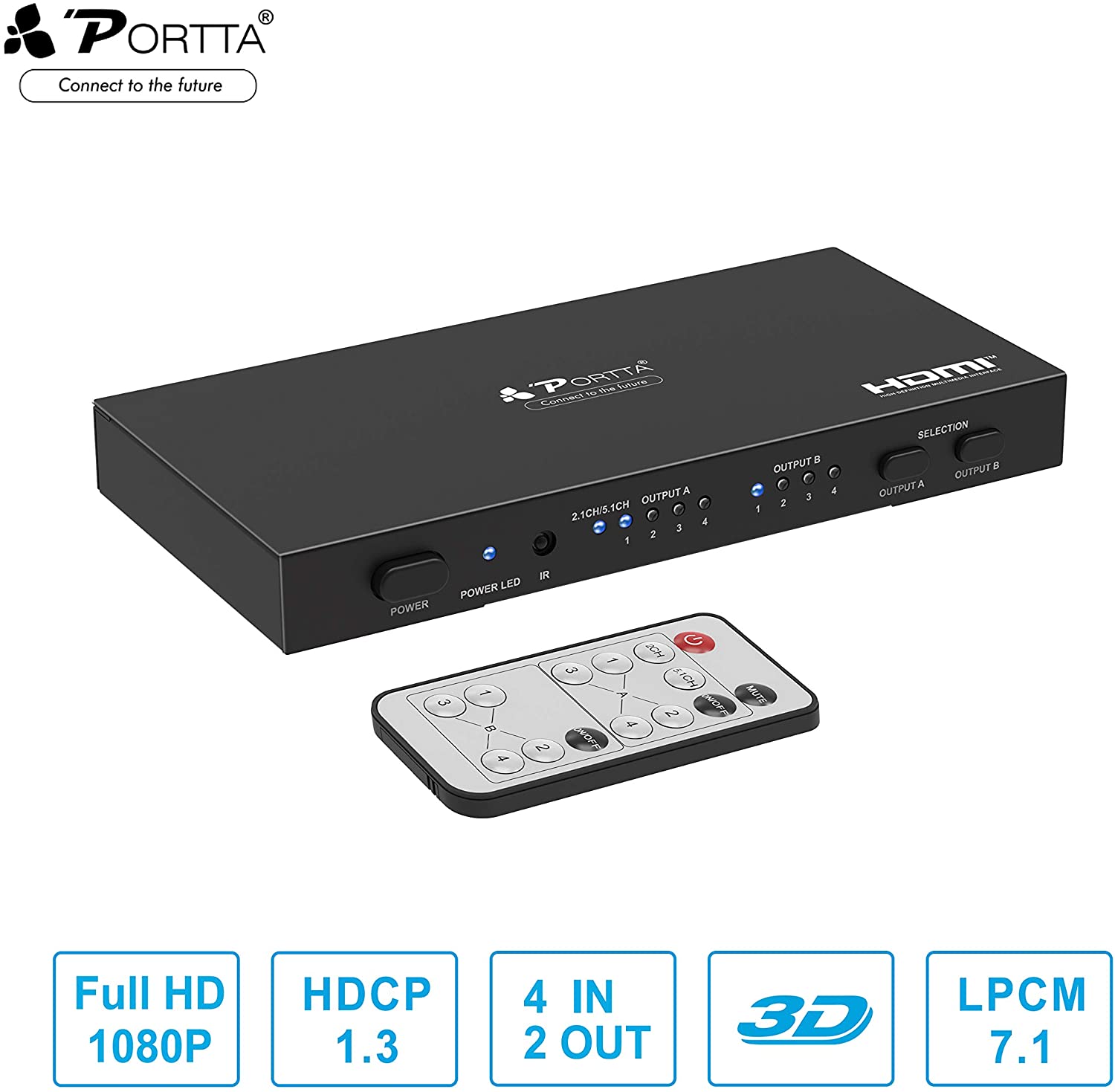 Portta 4 em 2 SPDIF/Toslink Digital Optical Matrix 4x2 Audio Switch Splitter Matrix com Comando IR