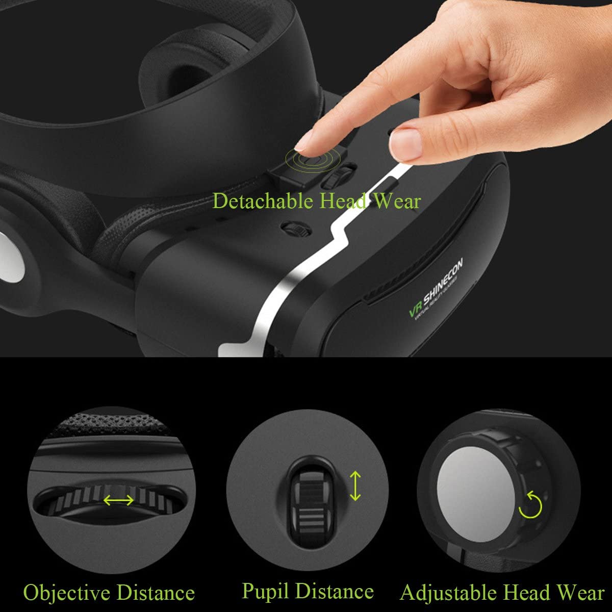 Shinecon Óculos de Realidade Virtual VR 3D com Auscultadores (Preto) + Comando
