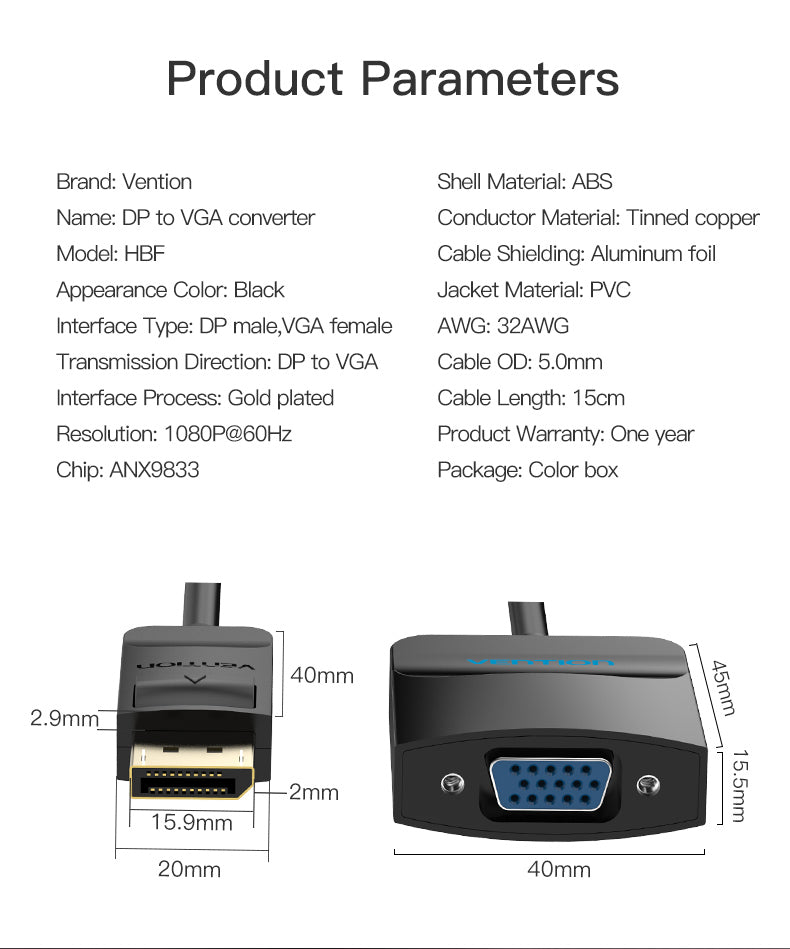 Conversor Vention Adaptador DisplayPort para VGA