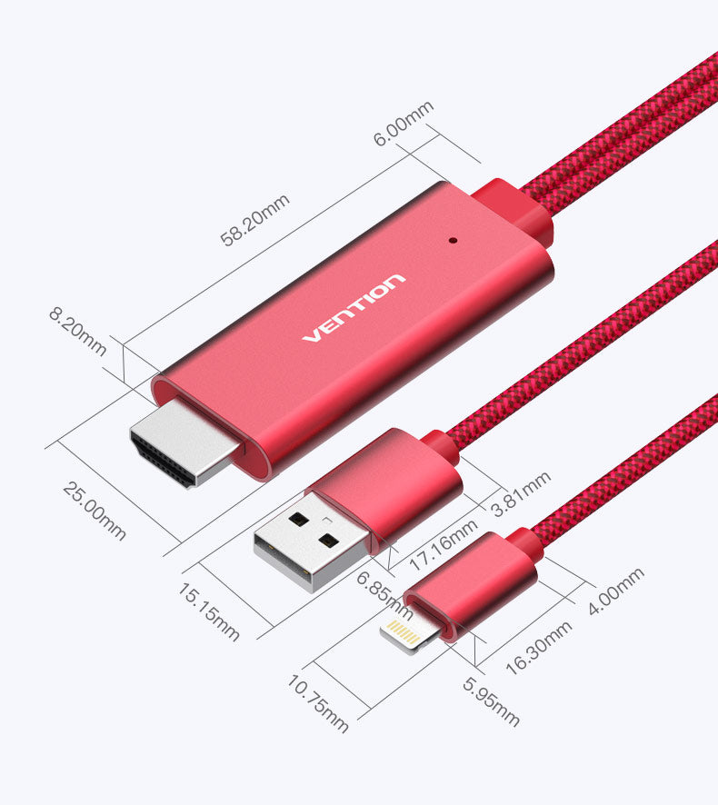 Cabo Vention Interface MHL Lightning para HDMI com Alimentação USB Macho (2m) (vermelho)