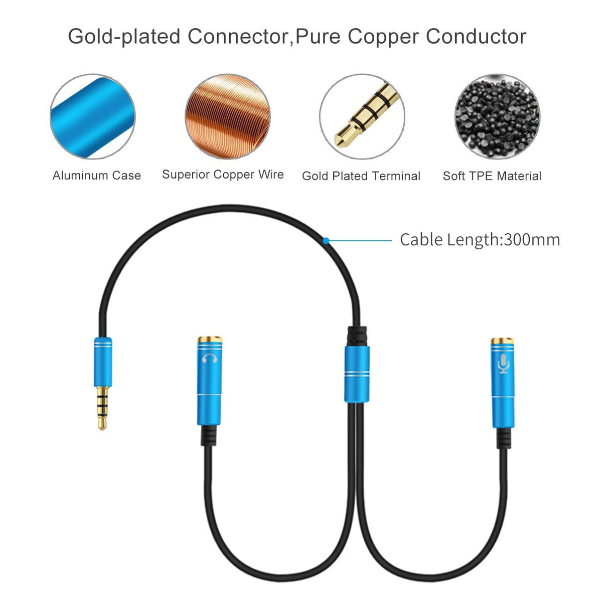 Cabo Jack 3,5mm Macho para 2 Fêmeas - Microfone / Headphone (Azul) - Multi4you®