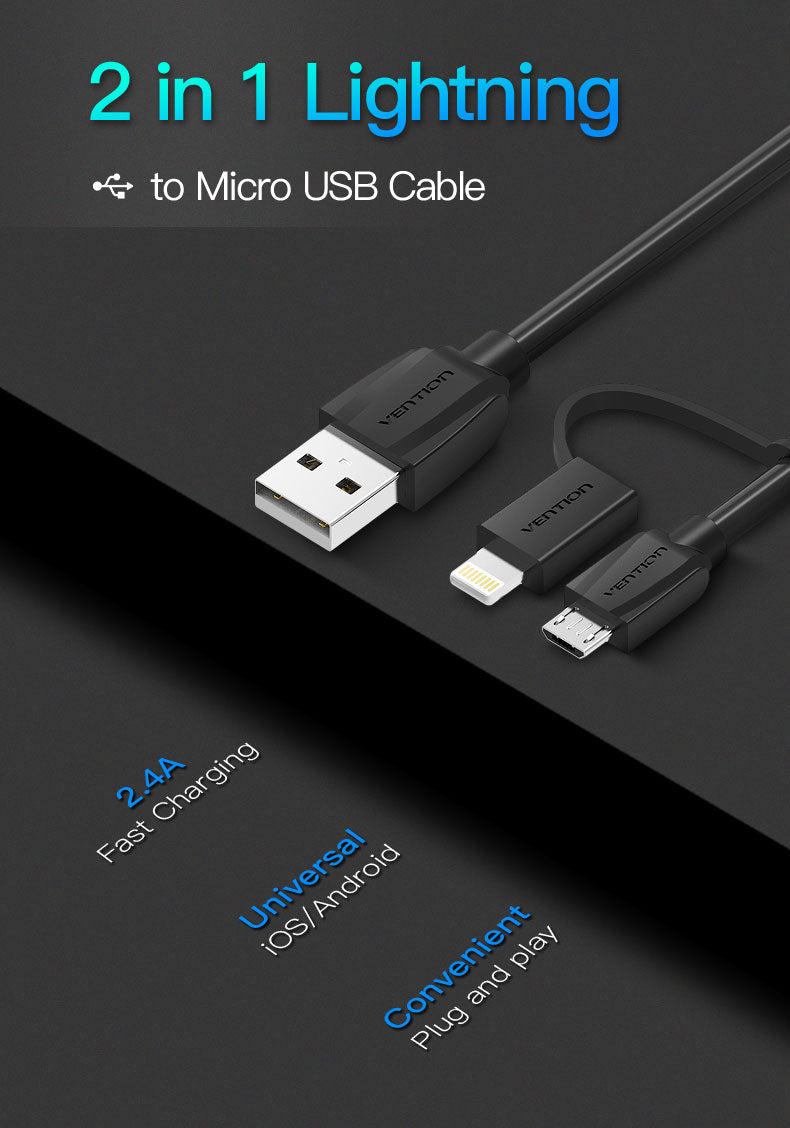 Cabo Vention de Dados Micro USB / Lightning para USB 2 em 1 (1m)