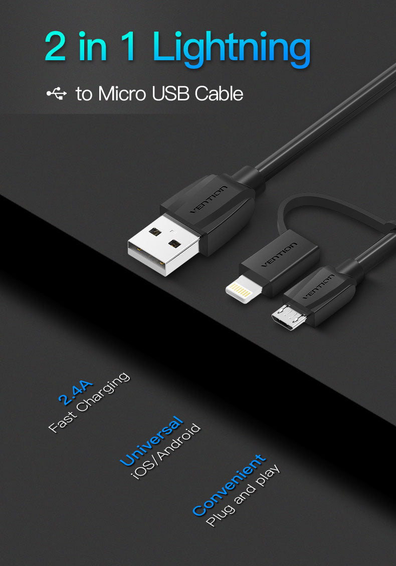 Cabo Vention de Dados Micro USB / Lightning para USB 2 em 1 (2m)