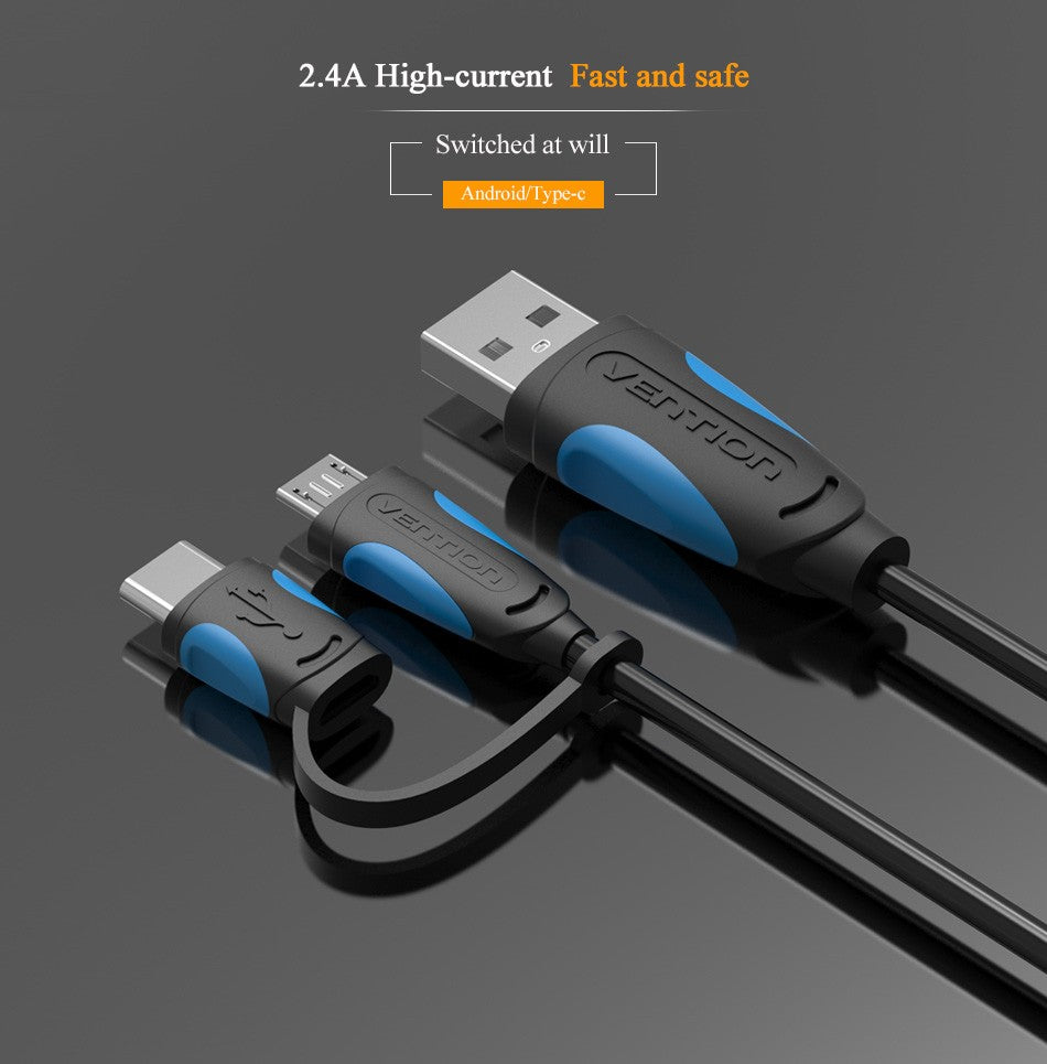 Cabo Vention de Dados Micro USB / USB-C para USB 2 em 1 (2m)