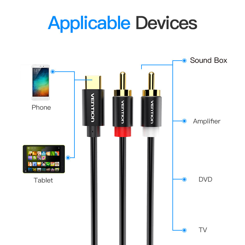 Cabo Vention  de Áudio USB-C para 2 RCA para Tablet Smartphone