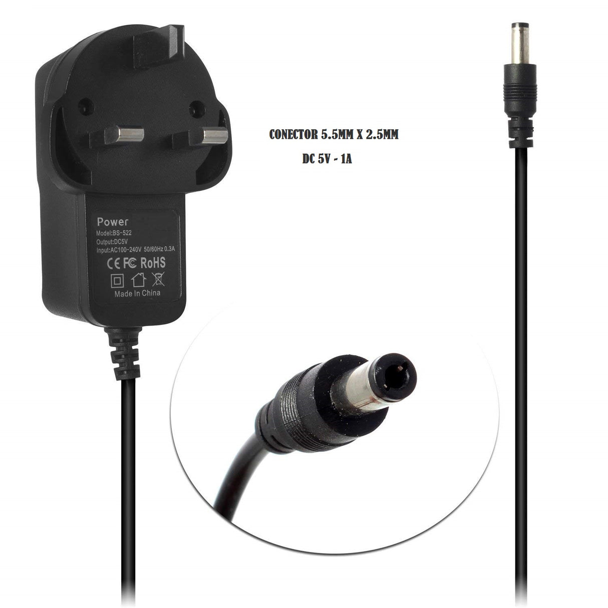 Carregador Transformador  Adaptador de Alimentação 5V 1A (Ficha Inglesa - UK) - Multi4you®