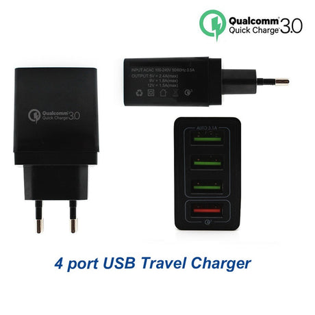 Carregador de Viagem 4 USB Carga Rápida Qualcomm 3.0 5V/9V/12V para Smartphone / Tablet (Preto) - Multi4you®