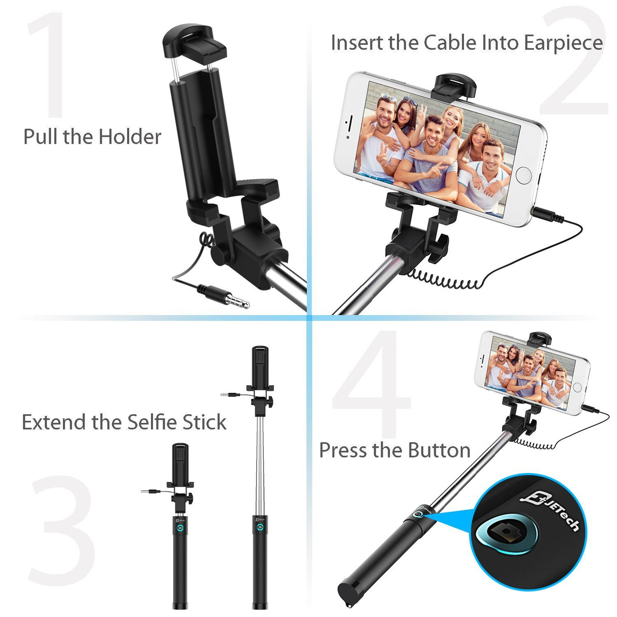 Jetech Selfie Stick com cabo Jack 3,5mm - Bastão de Selfie (70cm)