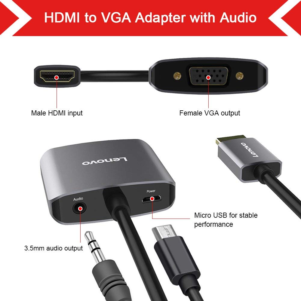 Adaptador Conversor de HDMI para VGA Lenovo H201 Com Áudio Jack 3.5mm + Micro USB