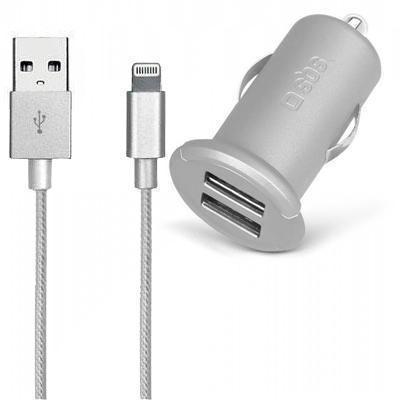 Carregador de Carro Universal Duplo Saída + Cabo de Dados Apple Mfi Lightning Sbs Gold Collection Prata