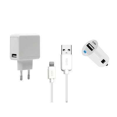 Kit Alimentação 3 em 1 Carregador de Parede + Carro + Cabo Lightning