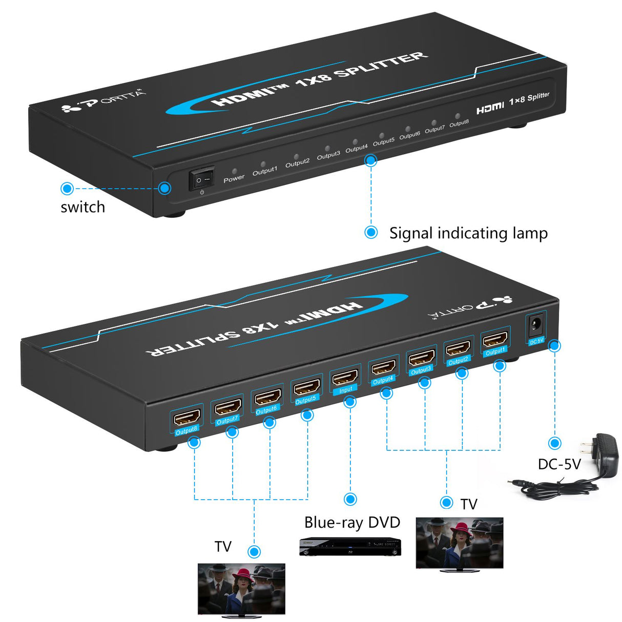 Portta Splitter Multiplicador HDMI 1 x 8 - 1 Entrada 8 Saídas Full HD 1080p Premium
