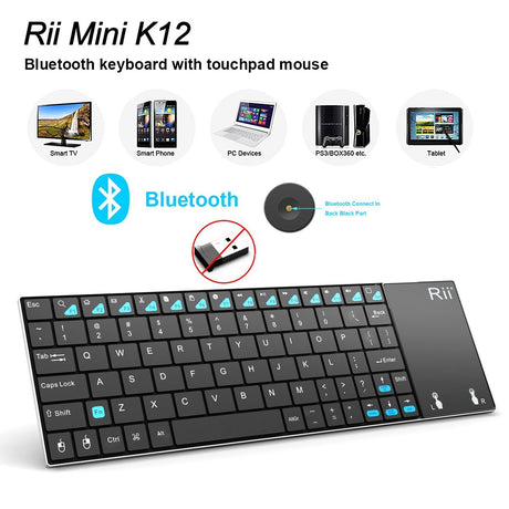 Rii Teclado Bluetooth K12BT Ultra Slim Portátil com Touchpad (Preto)