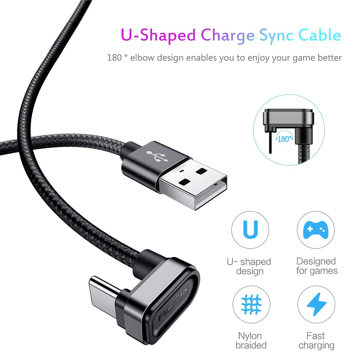 Rock® - Cabo USB-C 180 Graus Nylon Trançado Ultra Resistente - Preto