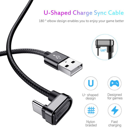 Rock® - Cabo USB-C 180 Graus Nylon Trançado Ultra Resistente - Preto