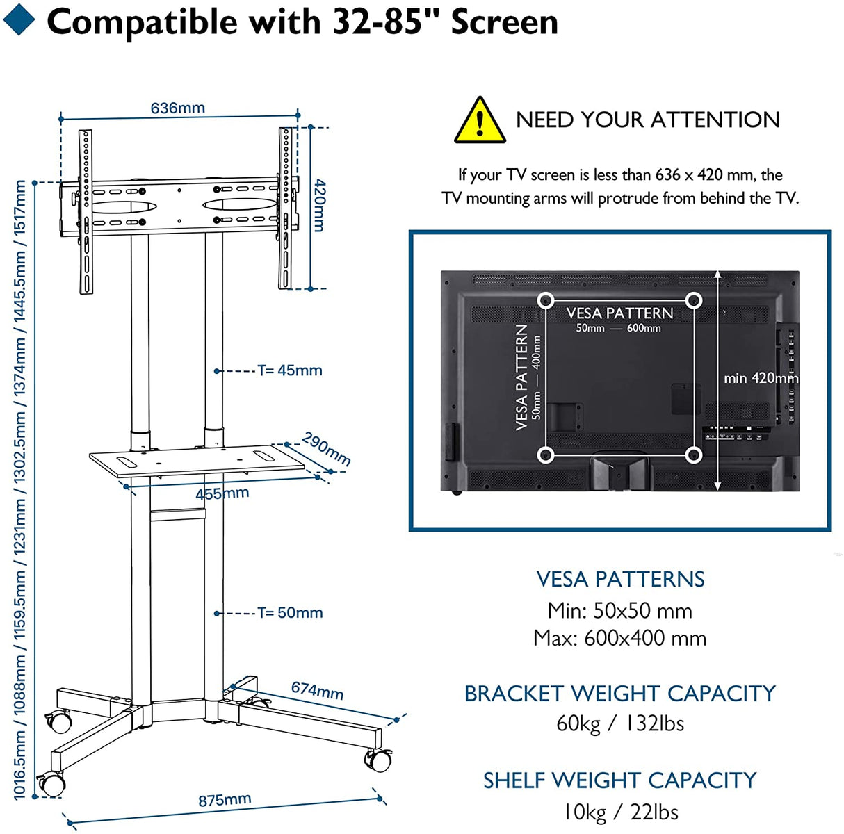 Suporte TV chão Móvel com rodas 32" - 85" - 60kg