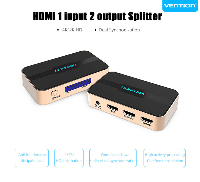 Splitter Vention HDMI 1 x 2 HDTV 4k 2K com Alimentação 1 in 2 out
