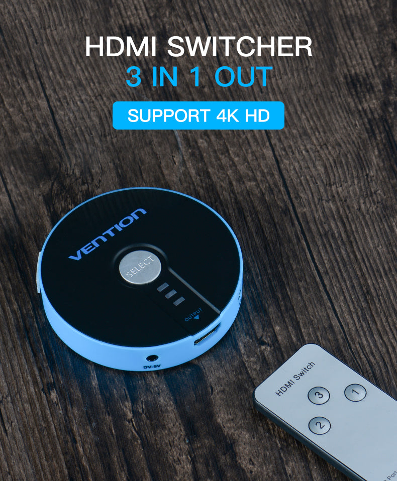 Switch Vention HDMI 3 x 1 HDTV 4k 2K com Áudio e Alimentação Com Comando