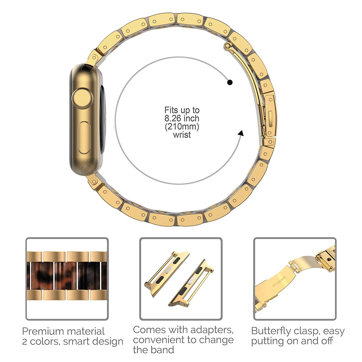 Wearlizer pulseira para Apple Watch 42mm 44mm, de aço inoxidável Dourado e Âmbar