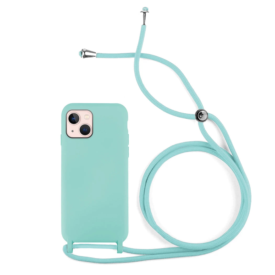 Capa de Silicone com Cordão iPhone 14 PLUS Azul Turquesa